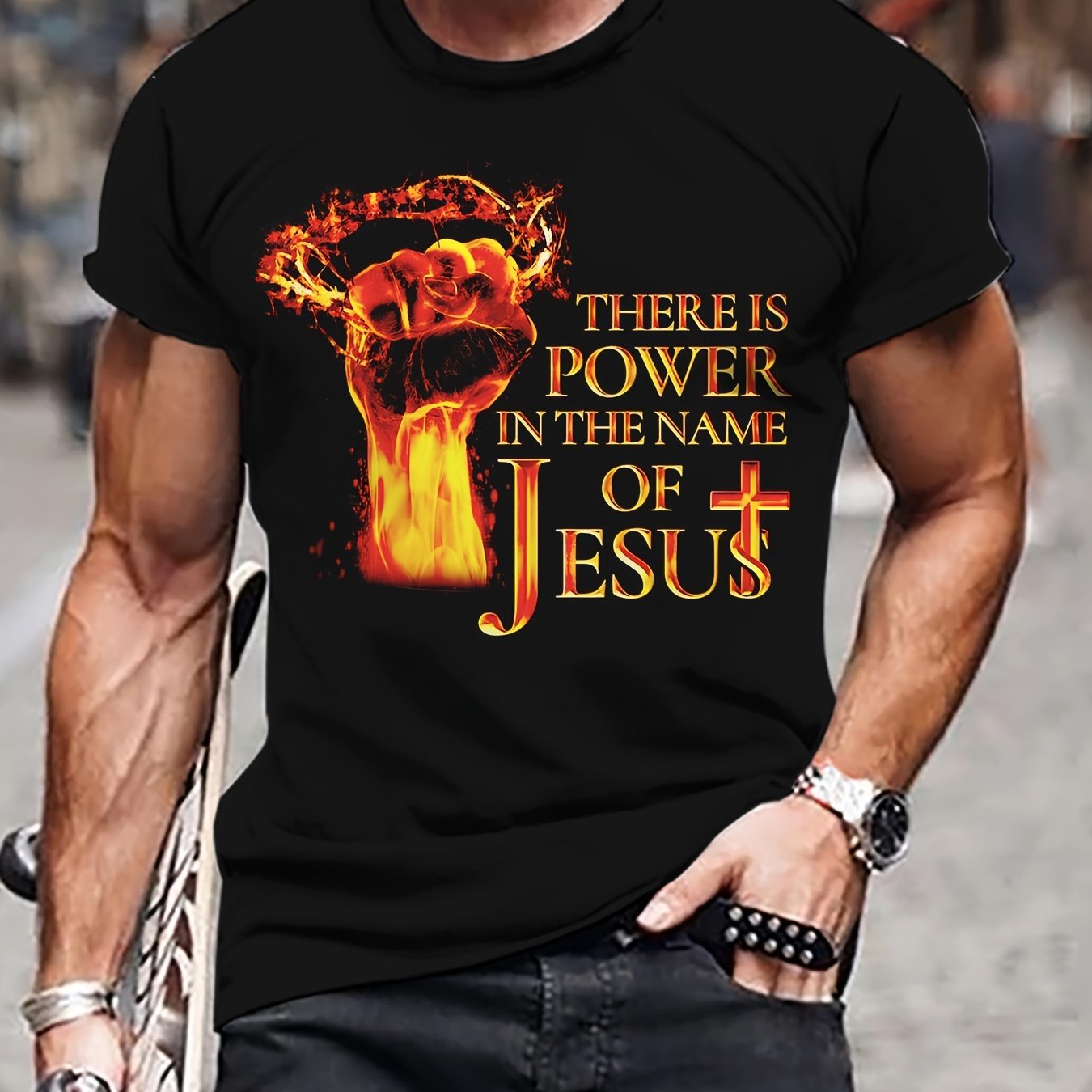 Men's Fist Print T-shirt, Casual Short Sleeved Round Neck T-shirt, Outdoor Men's Clothing