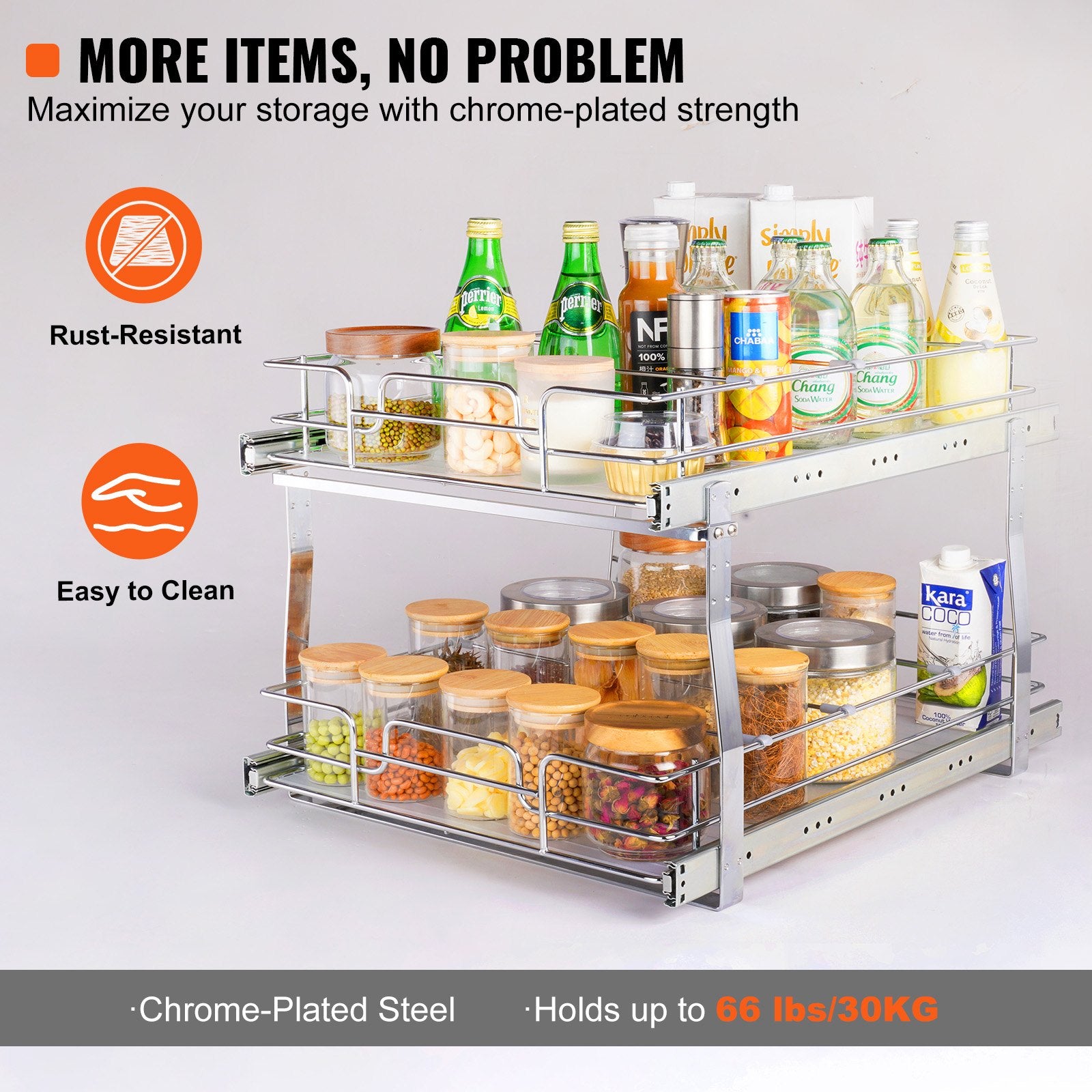 2 Tier 20"Wx21"Dx15"H Pull Out Cabinet Organizer, Heavy Duty Slide Out Pantry Shelves, Steel Roll Out Drawers, Sliding Drawer Storage For Home, 21.5"Wx22"Dx18"H Install Size For Cabinet
