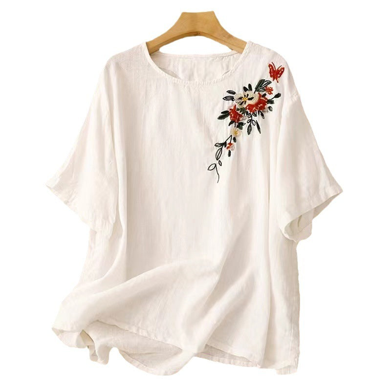 Women's Artistic Vintage Embroidery Linen Top Loose Pullover