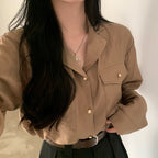 Early Autumn Retro Elegant Suit Collar Double Pocket Metal Breasted Loose Long Sleeve Shirt