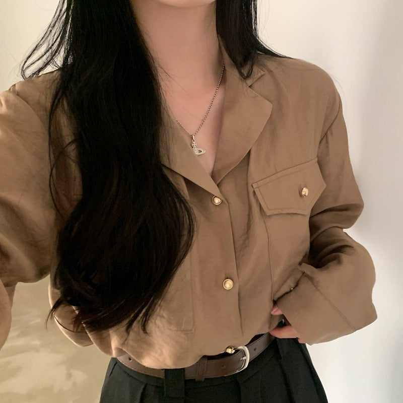 Early Autumn Retro Elegant Suit Collar Double Pocket Metal Breasted Loose Long Sleeve Shirt
