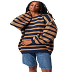 Printed Striped Long Sleeve Pullover Crew Neck Sweater