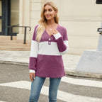 Women's Long Sleeve V-collar Contrast Color Loose Top