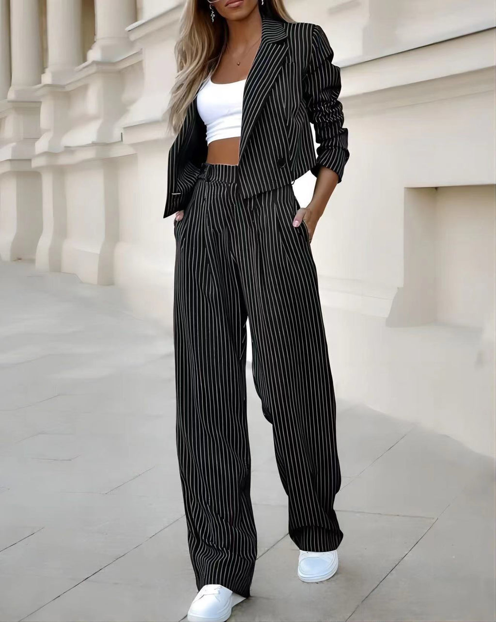 Fashion Striped Suits Casual Lapel Long Sleeve Cropped Top And Straight Pants Outfits