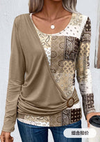 Printed Solid Color Stitching Casual Long Sleeve Shirt