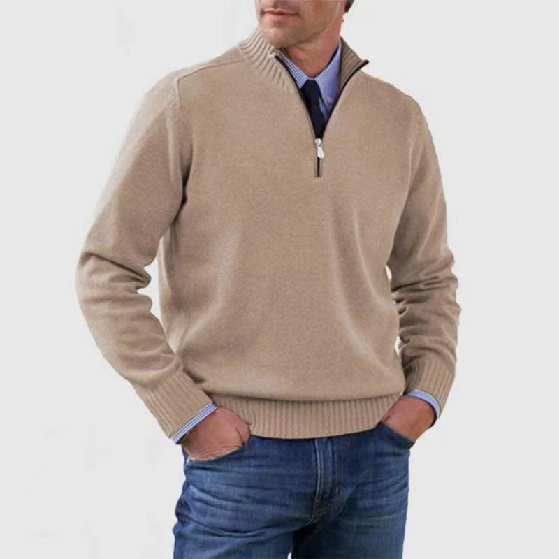 Men's Stand Collar Zipper Sweater Winter Fashion Solid Color Long Sleeve Knitted Top Clothing