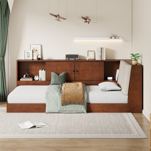 Wooden Twin Size L-shaped Daybed Floor Corner Bed With Storage Bookcase And Upholstered Headboard And USB Charging Ports For Limited Space