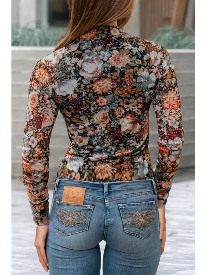 Ldc Floral Long Sleeve High Neck Sheath Mesh Blouse