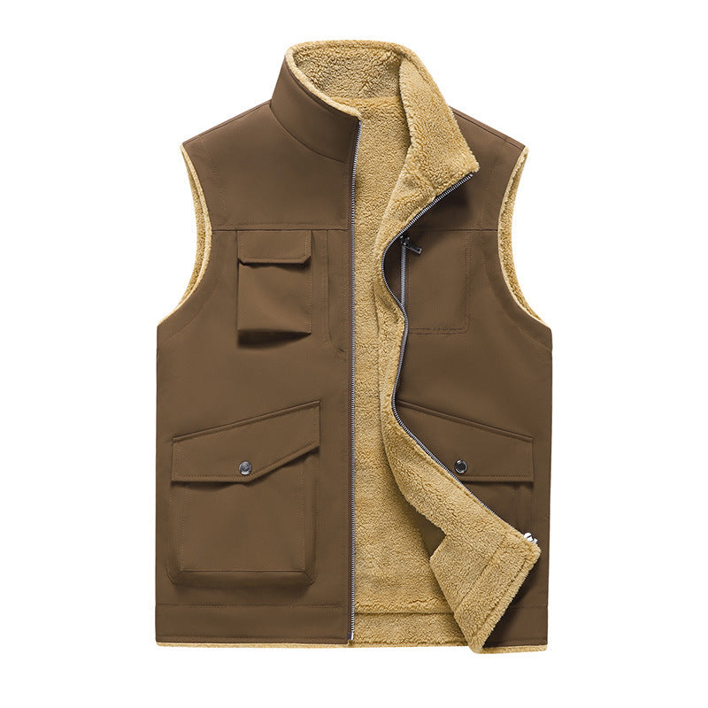 Multi-Pocket Workwear Vest Stand Collar Thin Velvet Vest