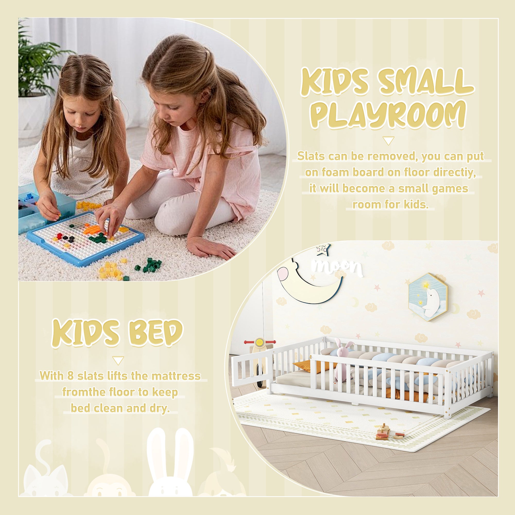 Twin Size Bed Floor Bed With Safety Guardrails And Door For Kids, White
