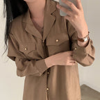Early Autumn Retro Elegant Suit Collar Double Pocket Metal Breasted Loose Long Sleeve Shirt