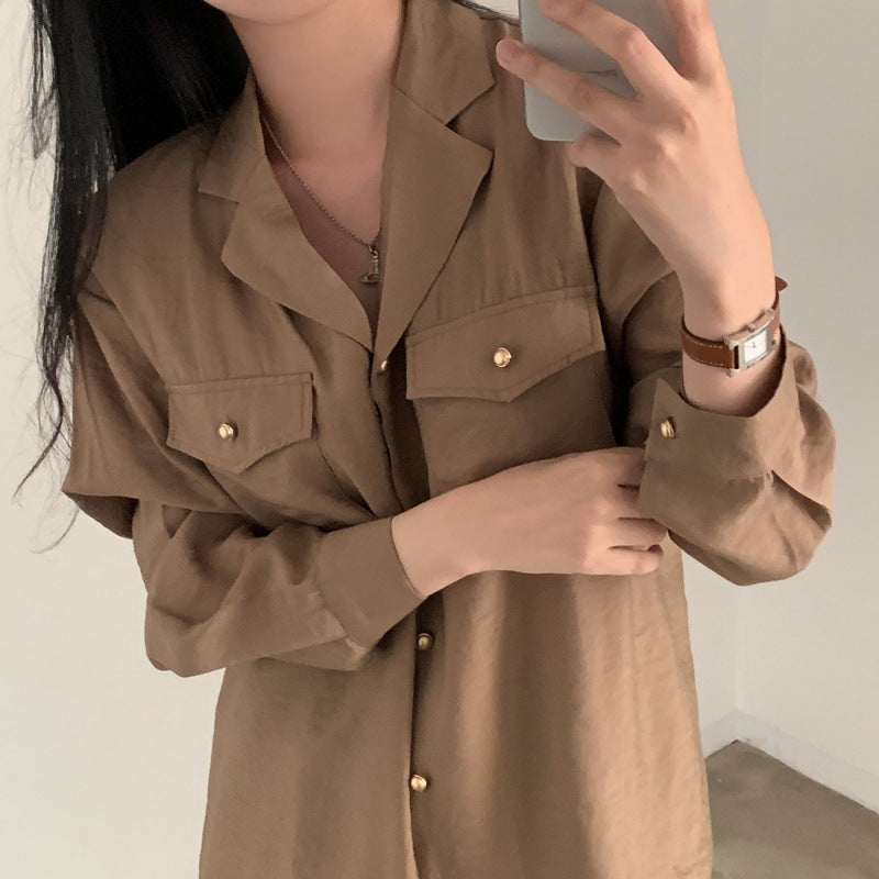 Early Autumn Retro Elegant Suit Collar Double Pocket Metal Breasted Loose Long Sleeve Shirt