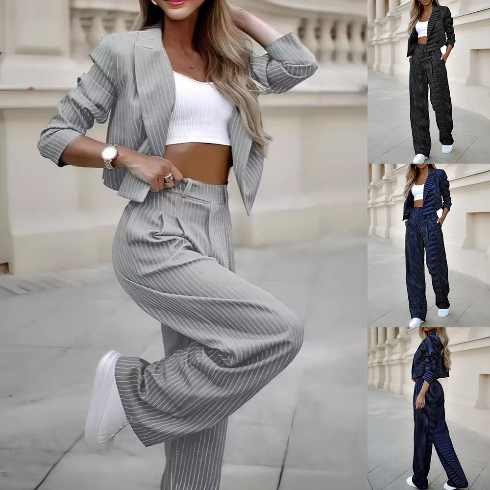 Fashion Striped Suits Casual Lapel Long Sleeve Cropped Top And Straight Pants Outfits