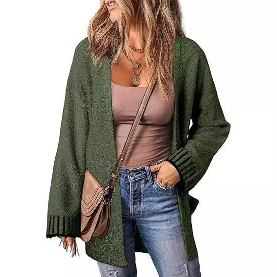 Long Sleeve Color Stitching Knitted Cardigan Pocket Women's Clothing