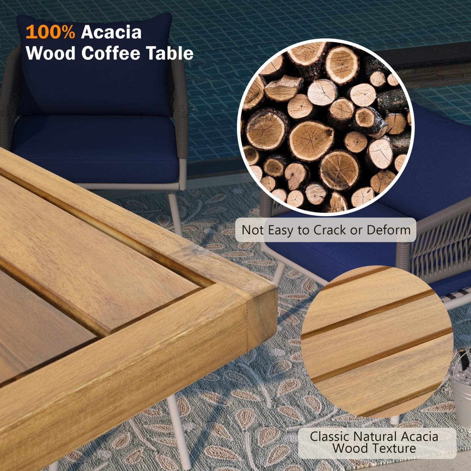 K&K 4-Piece Boho Rope Patio Furniture Set, Outdoor Furniture With Acacia Wood Table, Patio Conversat