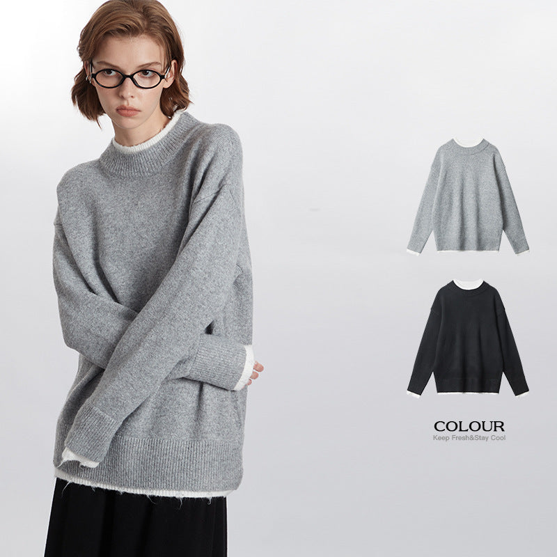 Fake Two Pieces Sweaters Autumn And Winter Trends Loose Round Neck