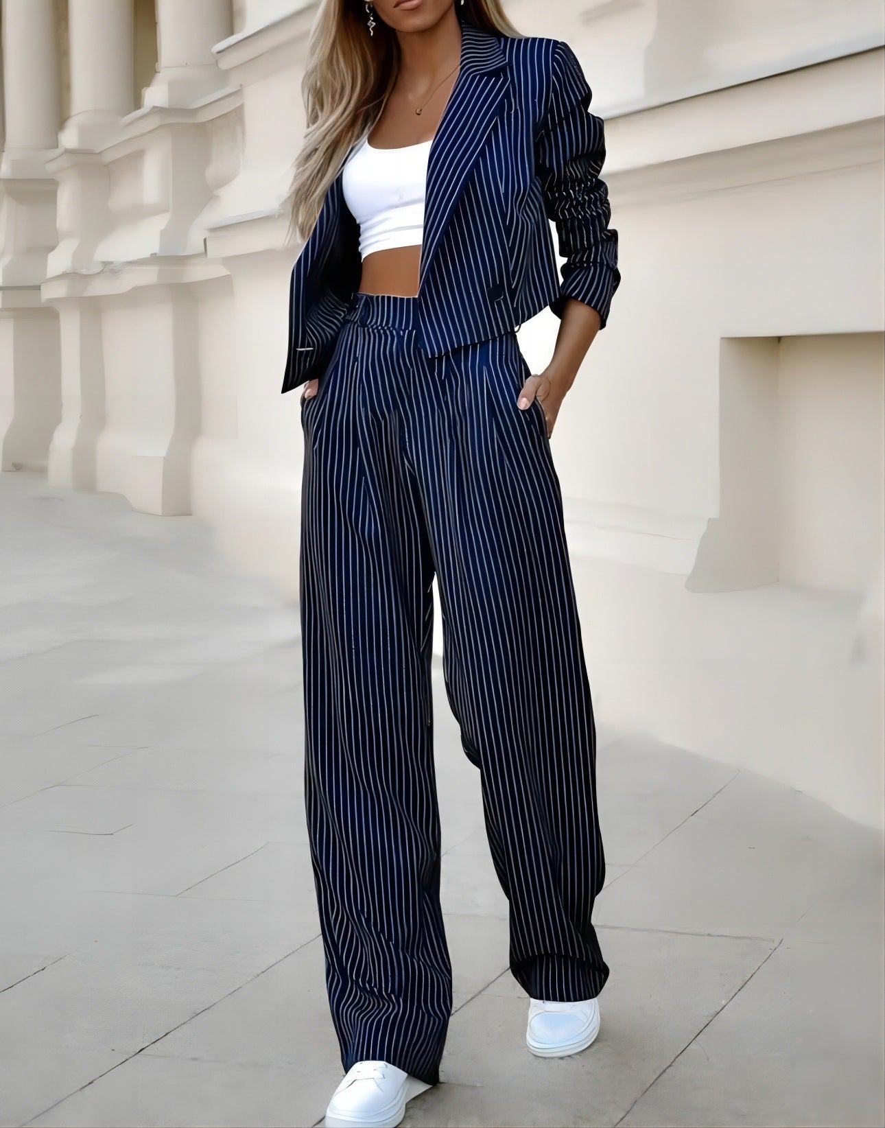 Fashion Striped Suits Casual Lapel Long Sleeve Cropped Top And Straight Pants Outfits