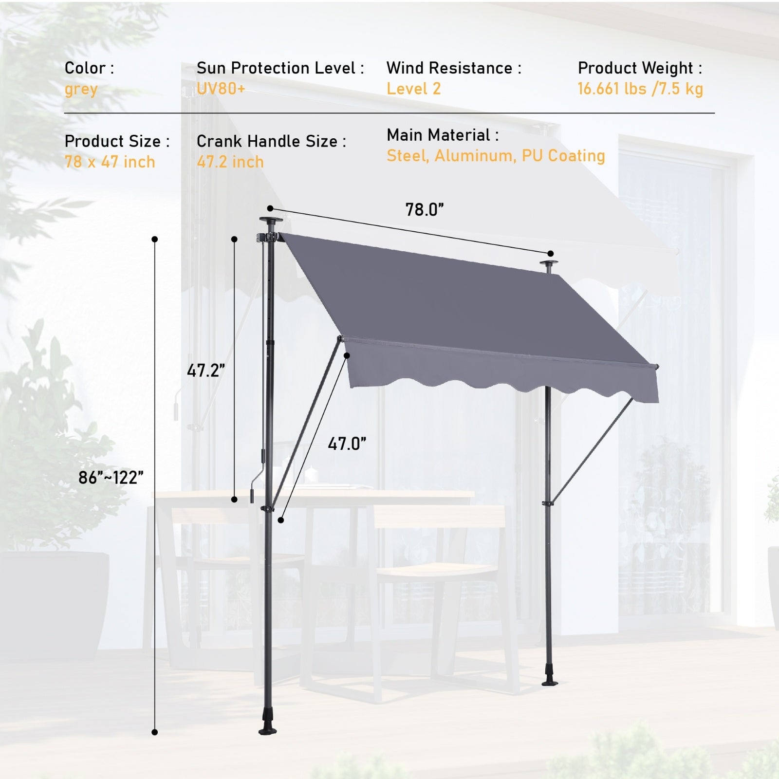 Manual Retractable Awning 78 NonScrew Outdoor Sun Shade Cover With UV Protection   Polyester