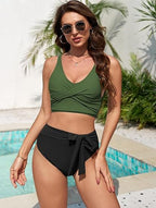 Twist High Waisted Bikini For Women Spaghetti Wide Strap Bathing Suit Knotted Bikini Swimsuits Tummy Control Swimwear