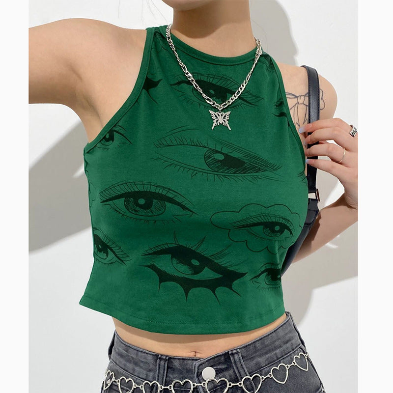 Fruit Green Eye Print Sleeveless Round Neck Vest