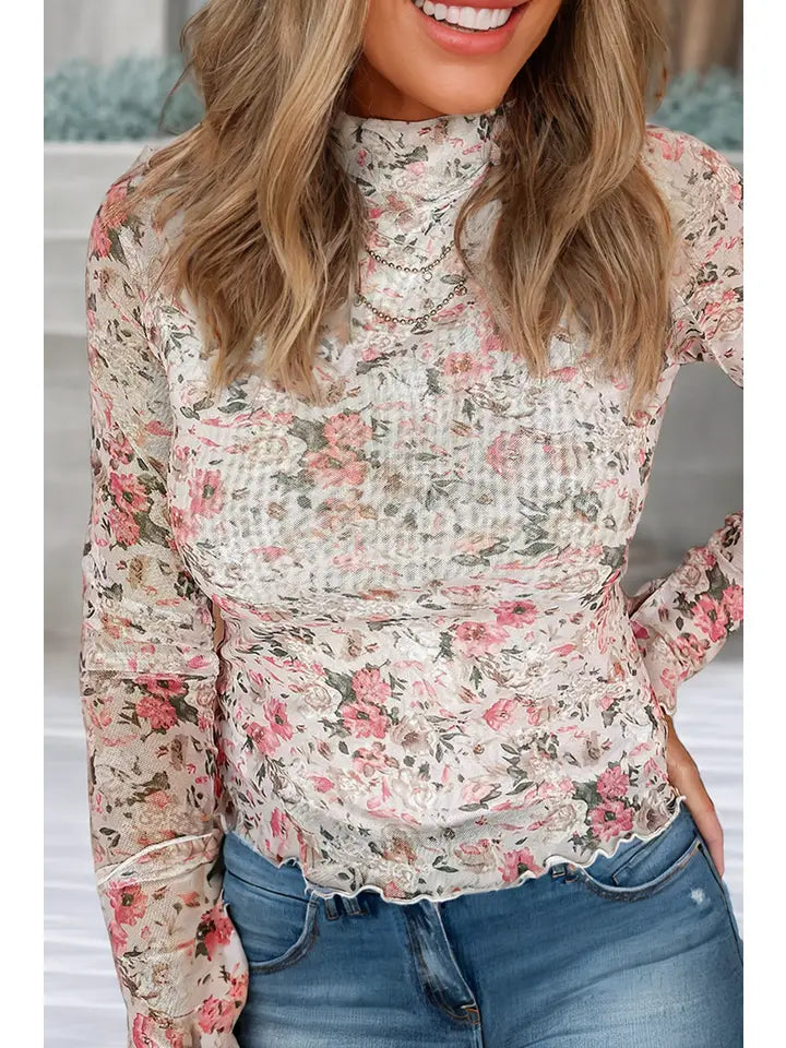 Ldc Floral Long Sleeve High Neck Sheath Mesh Blouse
