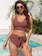 Twist High Waisted Bikini For Women Spaghetti Wide Strap Bathing Suit Knotted Bikini Swimsuits Tummy Control Swimwear