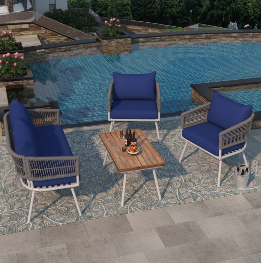 K&K 4-Piece Boho Rope Patio Furniture Set, Outdoor Furniture With Acacia Wood Table, Patio Conversat