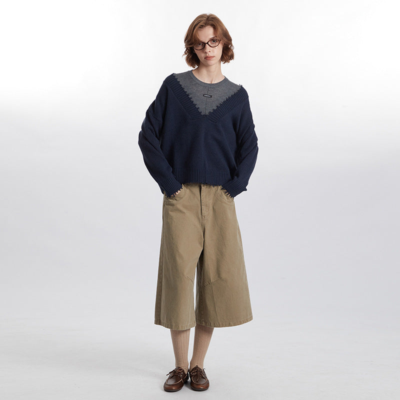 European American Raw Edges Design V-neck Long-sleeved Sweater