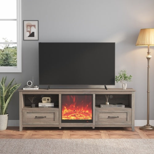 70.08 Inch Length TV Stand For Living Room And Bedroom, With 2 Drawers And 4 High-Capacity Storage Compartment, Grey Walnut Uitable For Fireplace