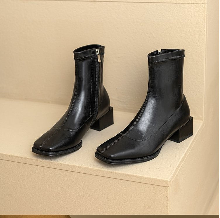 Leather Skinny Square Toe Mid-heel Autumn And Winter Knee-high Martin Boots