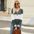 Women's Long Sleeve V-collar Contrast Color Loose Top