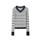 European And American V-neck Striped Design Minority Style New Long Sleeve Contrast Color Sweater