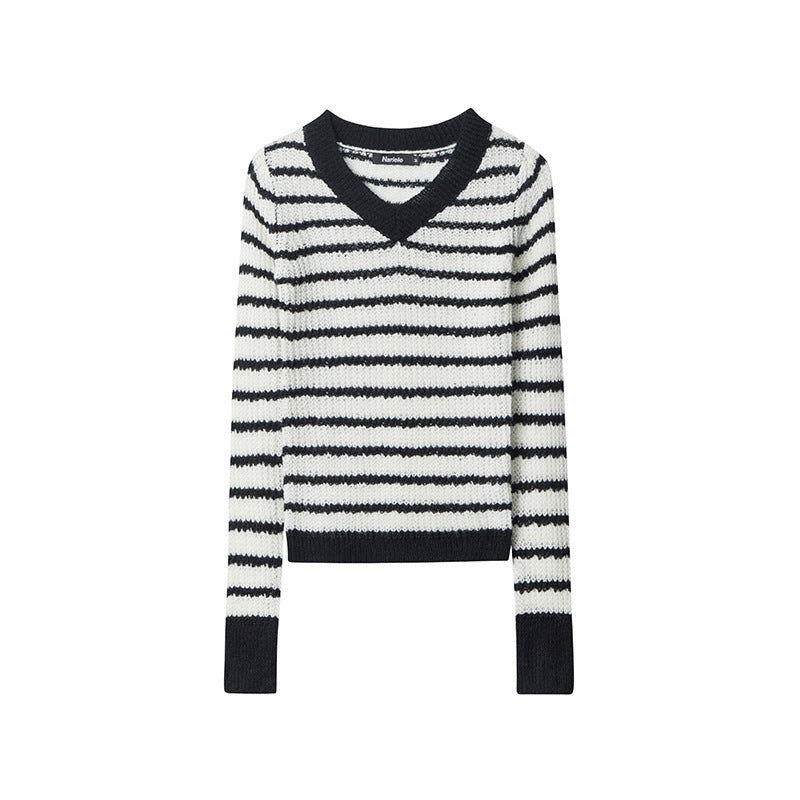 European And American V-neck Striped Design Minority Style New Long Sleeve Contrast Color Sweater