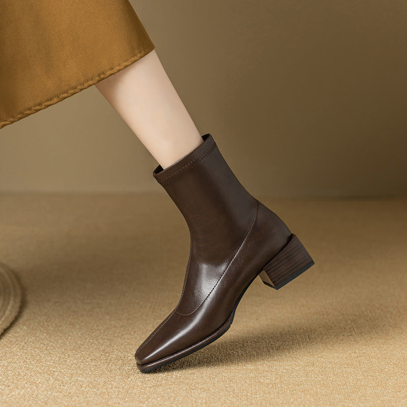 Leather Skinny Square Toe Mid-heel Autumn And Winter Knee-high Martin Boots