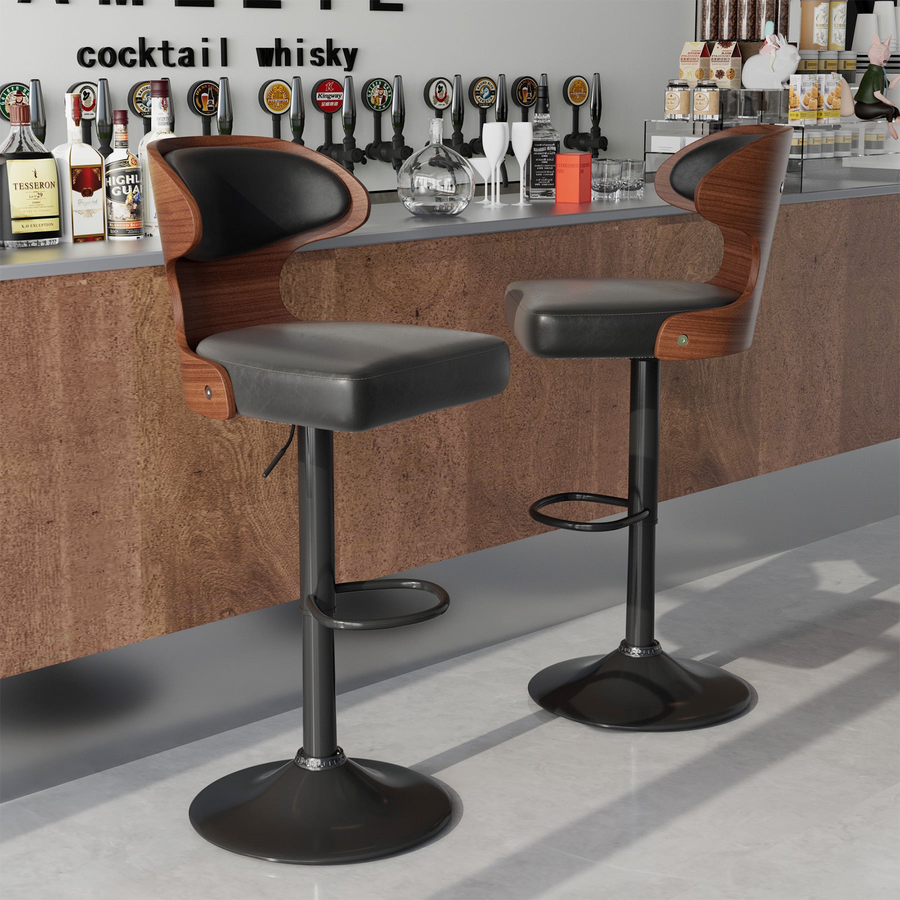 PU Leather Bar Stools Set of 2, 360° Swivel with L-Shaped Backrest – Mid-Century Counter Height Stool, 265lbs Capacity, X-Brace Support & Retro Design for Kitchen, Home Bar