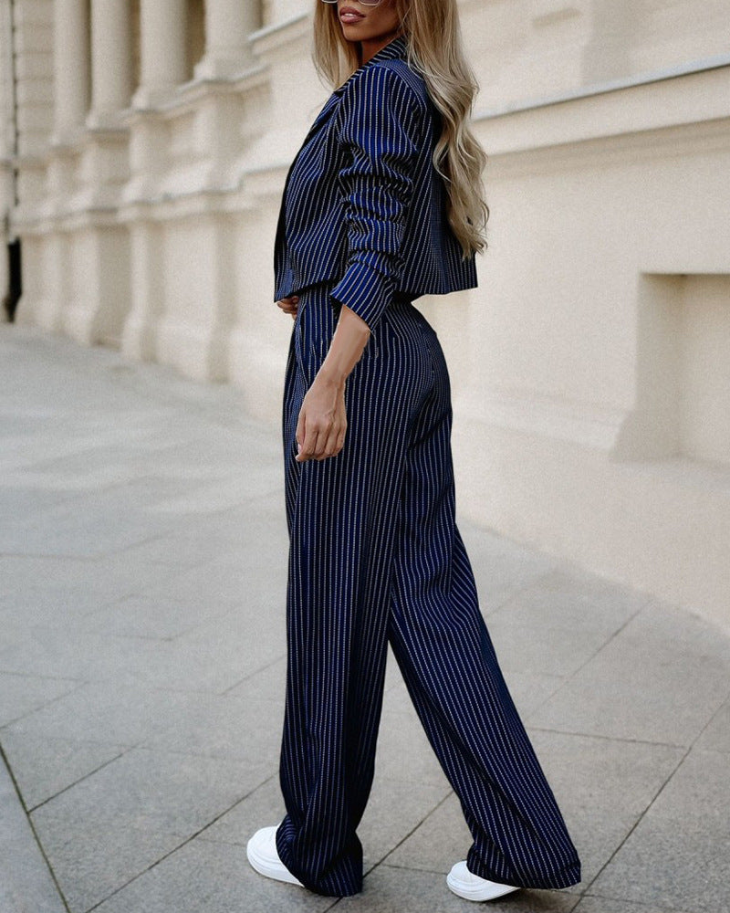Fashion Striped Suits Casual Lapel Long Sleeve Cropped Top And Straight Pants Outfits