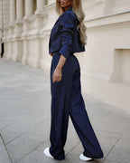 Fashion Striped Suits Casual Lapel Long Sleeve Cropped Top And Straight Pants Outfits