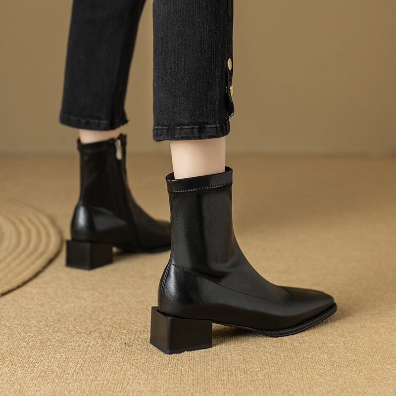 Leather Skinny Square Toe Mid-heel Autumn And Winter Knee-high Martin Boots