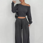 Women's Fashion Slim-fit Off-the-shoulder Navel Solid Color Casual Pants Suit