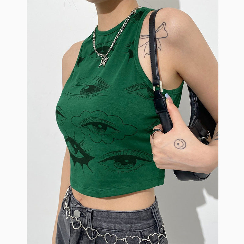 Fruit Green Eye Print Sleeveless Round Neck Vest
