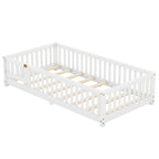 Twin Size Bed Floor Bed With Safety Guardrails And Door For Kids, White