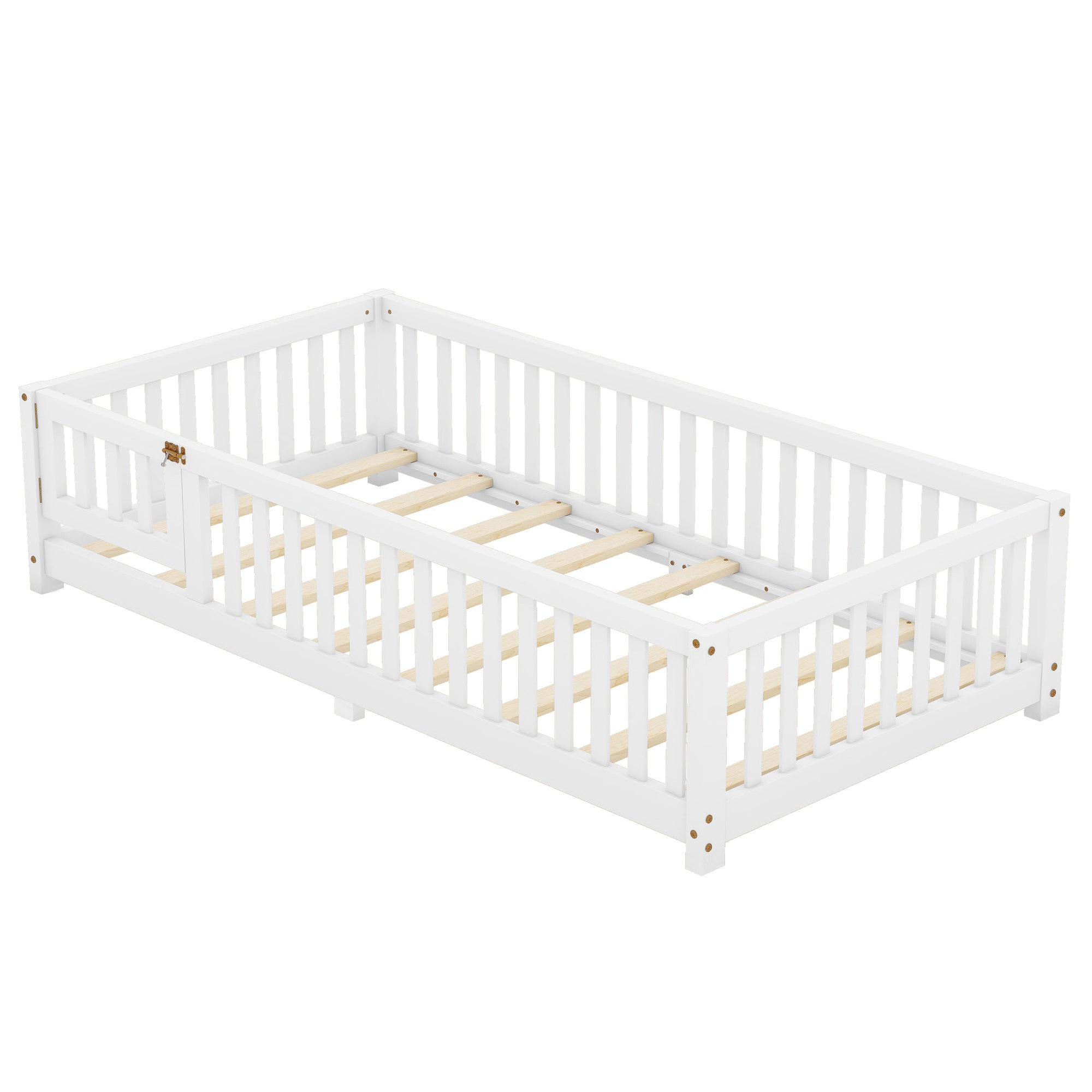 Twin Size Bed Floor Bed With Safety Guardrails And Door For Kids, White