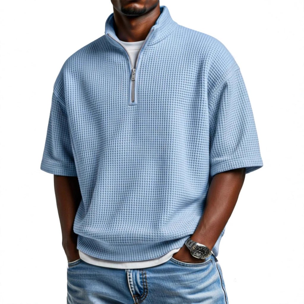 Waffle-knit Short-sleeve Polo Shirt For Men Loose-fitting Half-zip T-shirt