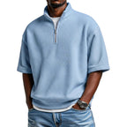 Waffle-knit Short-sleeve Polo Shirt For Men Loose-fitting Half-zip T-shirt