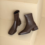 Leather Skinny Square Toe Mid-heel Autumn And Winter Knee-high Martin Boots
