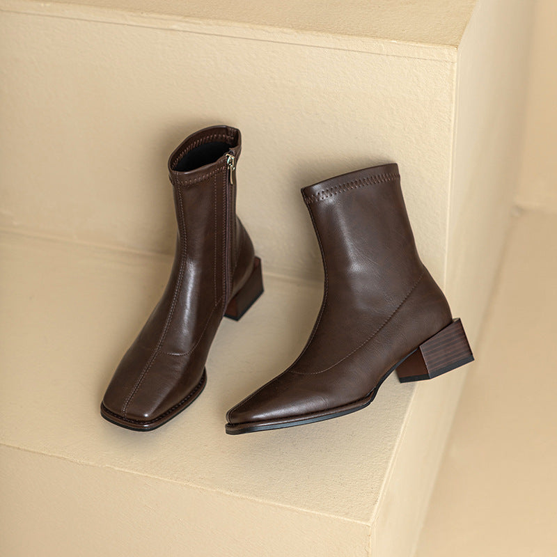 Leather Skinny Square Toe Mid-heel Autumn And Winter Knee-high Martin Boots