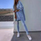 Women's Sports Casual Slit Hooded Sweatshirt Tights Two-piece Set