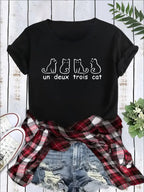 Womens Casual Graphic T-Shirt - Soft Medium Stretch Polyester Crew Neck Top With Funny French Cat Un Deux Trois Cat Print, Summer Animal Pattern, Positioning Printing, Knit Fabric, No Sheer, Relaxed F