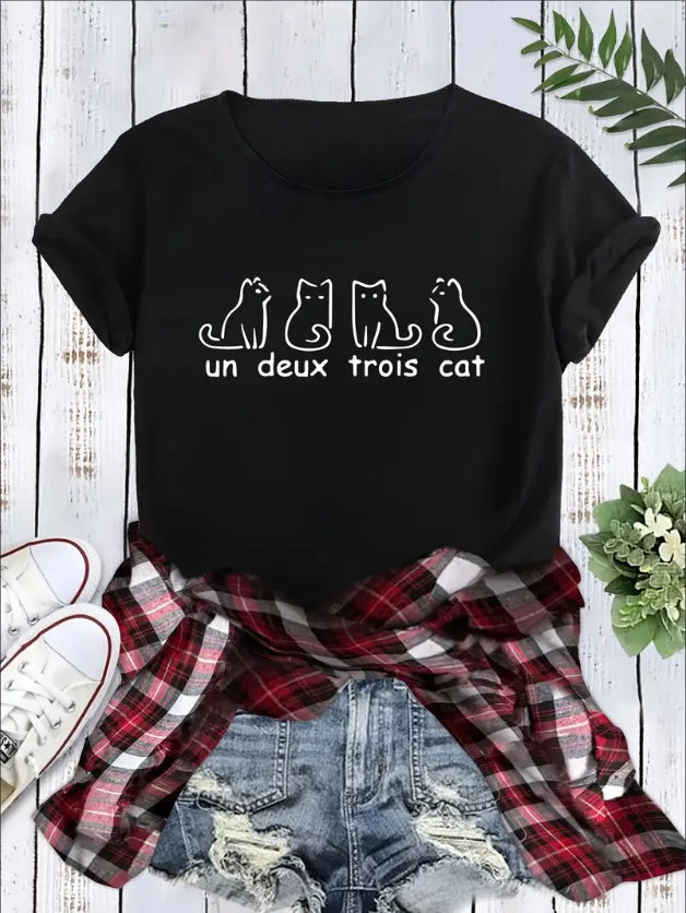 Womens Casual Graphic T-Shirt - Soft Medium Stretch Polyester Crew Neck Top With Funny French Cat Un Deux Trois Cat Print, Summer Animal Pattern, Positioning Printing, Knit Fabric, No Sheer, Relaxed F