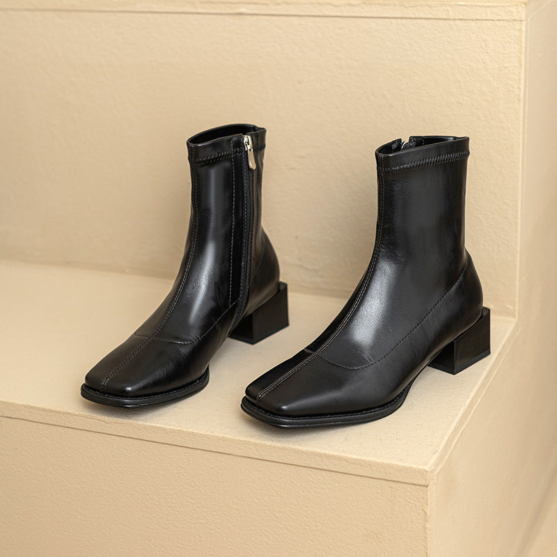 Leather Skinny Square Toe Mid-heel Autumn And Winter Knee-high Martin Boots